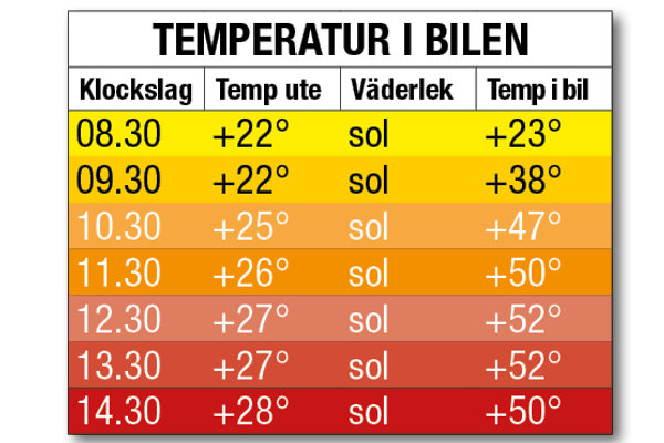 Tabell som visar temperatur i en bil